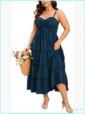 Spaghetti Strap Smocked Ruffle Maxi Dress Plus Size Flowy Casual Boho